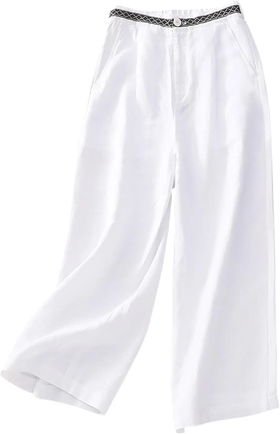 Boho Linen Pants for Women Trendy High Waist Cropped Palazzo Pants Summer Beach Casual Wide Leg Trousers with Pockets