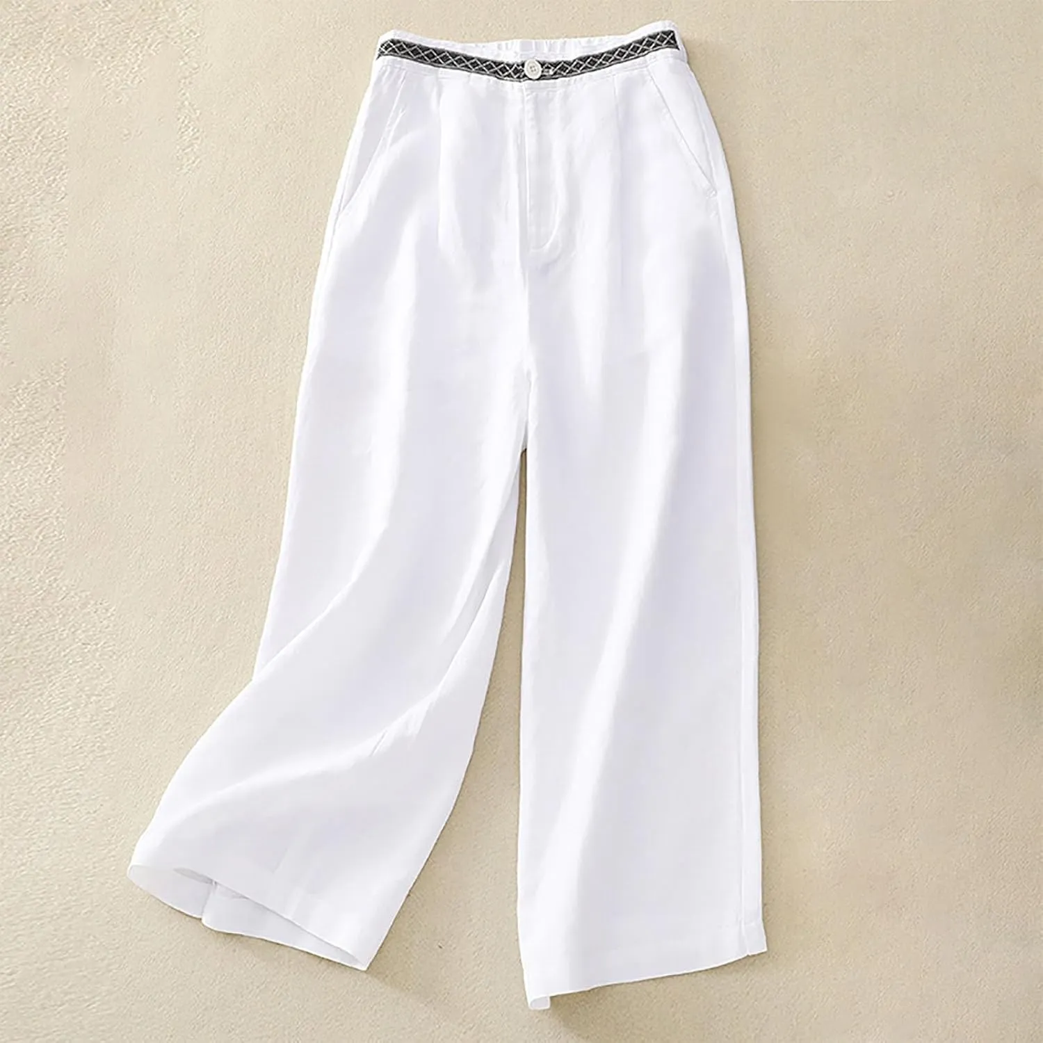 Boho Linen Pants for Women Trendy High Waist Cropped Palazzo Pants Summer Beach Casual Wide Leg Trousers with Pockets