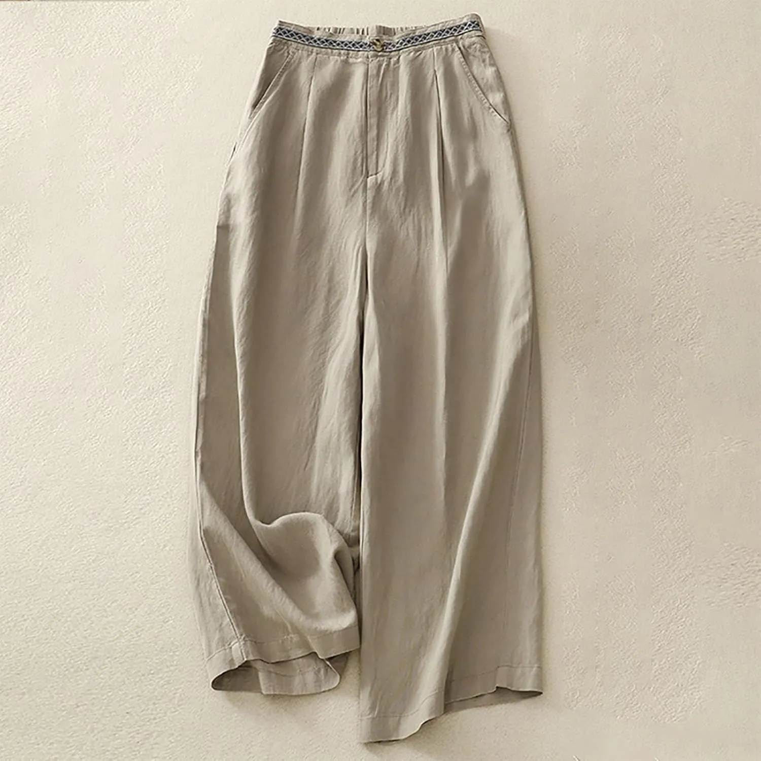 Boho Linen Pants for Women Trendy High Waist Cropped Palazzo Pants Summer Beach Casual Wide Leg Trousers with Pockets