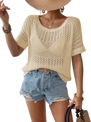 Bsubseach Crochet Tops for Women Short Sleeve Cover Ups for Swimwear Women Knit Hollow Out Sweater Mesh Top 2025