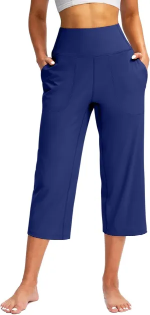 Capri Pants for Women Summer Casual Elastic Waist Wide Leg Cropped Trousers Plus Size Tummy Control Petite Yoga Pants