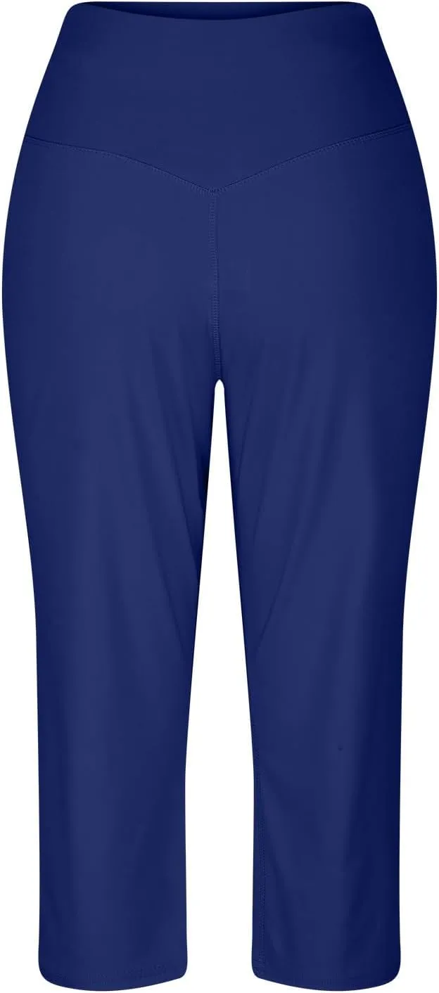 Capri Pants for Women Summer Casual Elastic Waist Wide Leg Cropped Trousers Plus Size Tummy Control Petite Yoga Pants