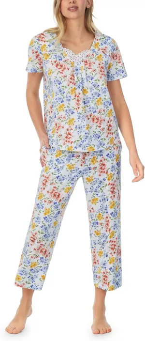 Carole Hochman Women's 2pc Cotton Short Sleeve & Capri Pajama Set  V-Neck, Lace Detail, Adjustable Drawstring, Side Pockets