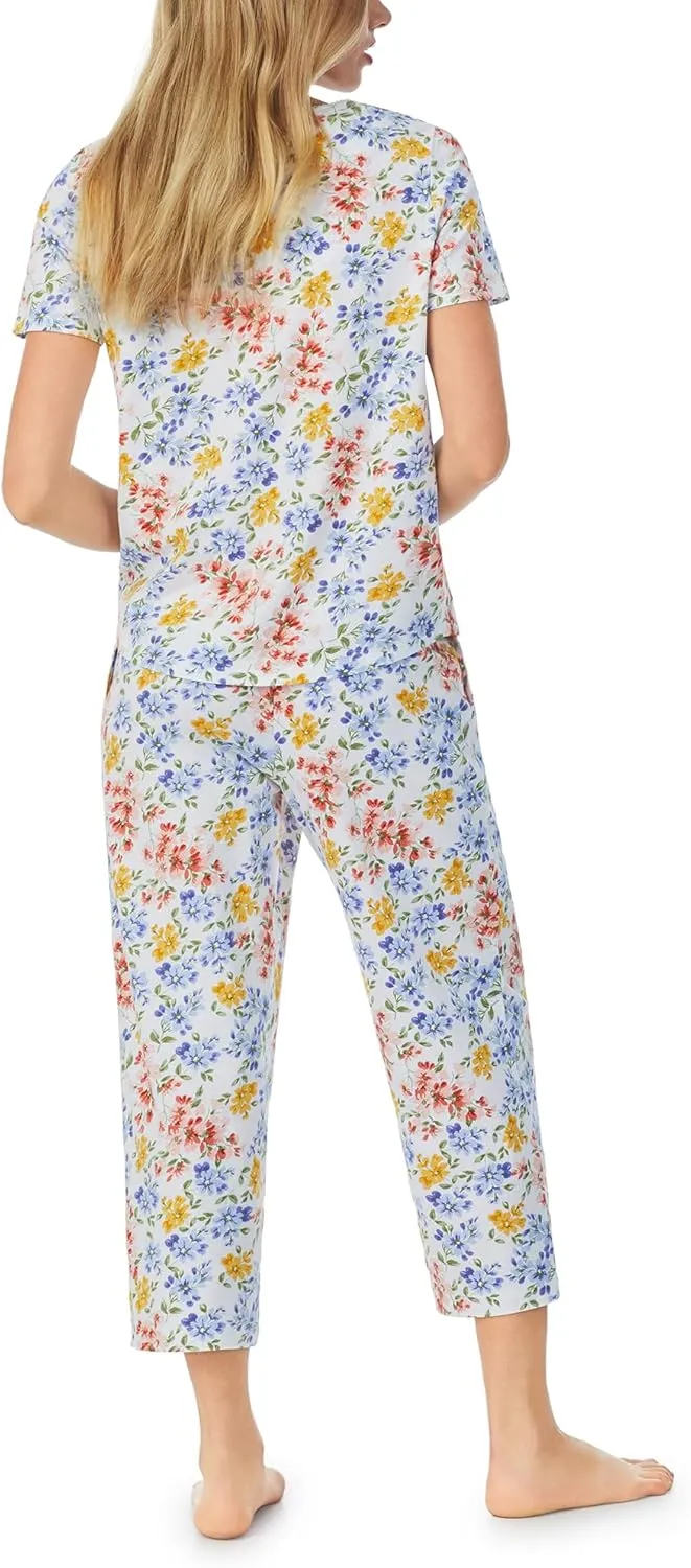 Carole Hochman Women's 2pc Cotton Short Sleeve & Capri Pajama Set  V-Neck, Lace Detail, Adjustable Drawstring, Side Pockets