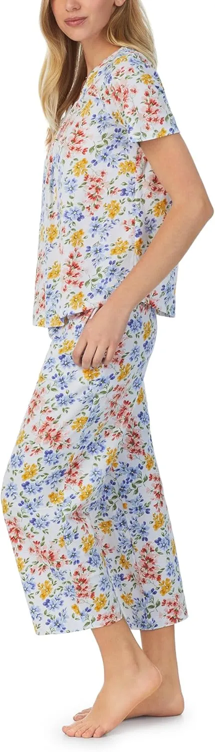 Carole Hochman Women's 2pc Cotton Short Sleeve & Capri Pajama Set  V-Neck, Lace Detail, Adjustable Drawstring, Side Pockets