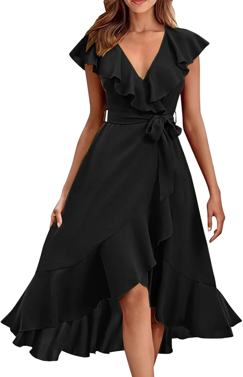 Casual Summer Dresses for Women 2025,Women's Wrap Midi Solid Color Dress Boho Deep V Neck Wedding Guest Long Dresses