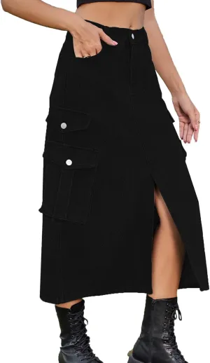 cffvdiz Women's Y2k Denim Cargo Skirt High Waisted Vintage Slit Casual Midi Cargo Skirt with Flap Pockets