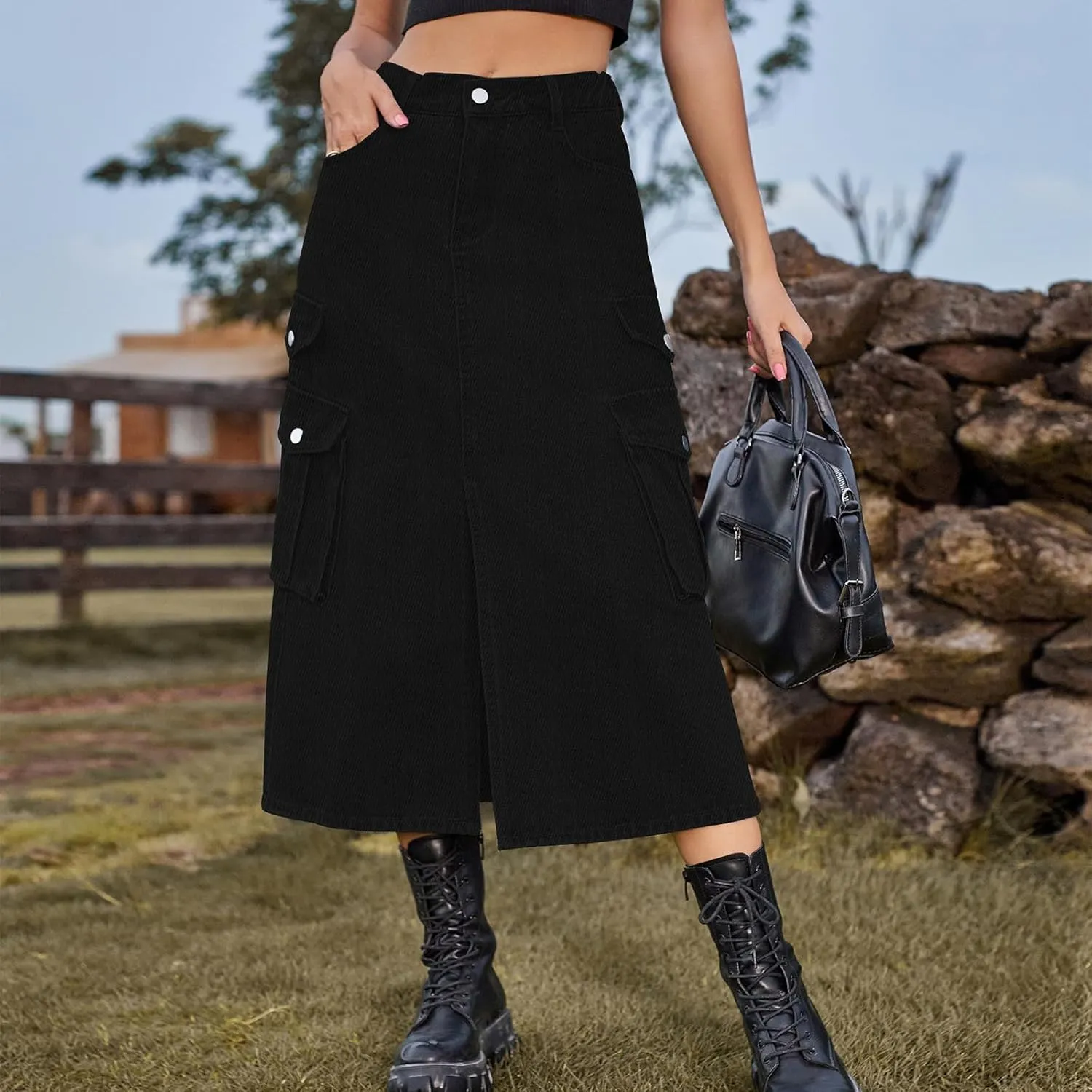 cffvdiz Women's Y2k Denim Cargo Skirt High Waisted Vintage Slit Casual Midi Cargo Skirt with Flap Pockets