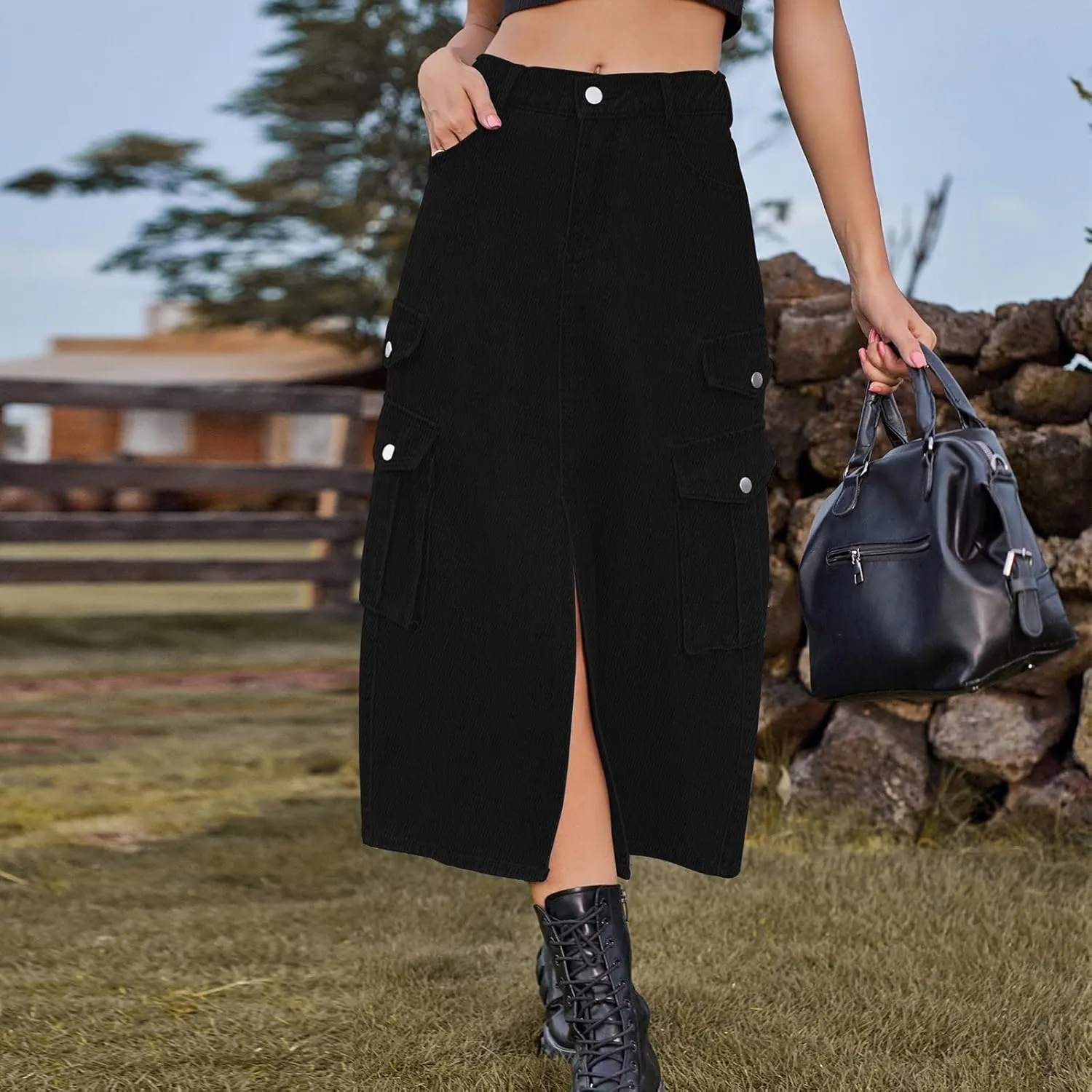 cffvdiz Women's Y2k Denim Cargo Skirt High Waisted Vintage Slit Casual Midi Cargo Skirt with Flap Pockets