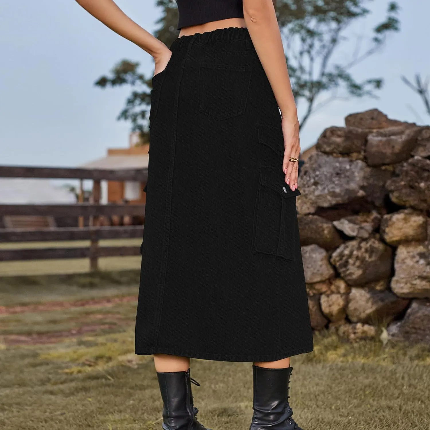 cffvdiz Women's Y2k Denim Cargo Skirt High Waisted Vintage Slit Casual Midi Cargo Skirt with Flap Pockets