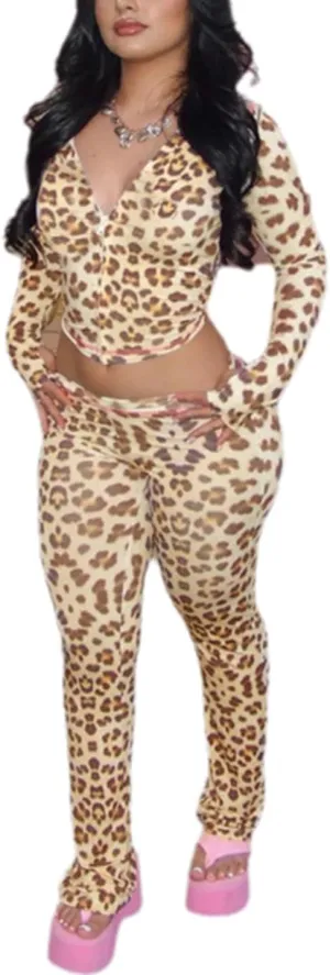 Cheetah Print Outfit for Women Stretchy Hooded Top and Flare Pants Animal Print Sexy Outfits for Women Going Out 2025