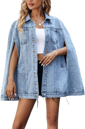 chouyatou Women's Oversized Denim Poncho Jacket Sleeveless Dressy Jean Jacket Cloak Coat