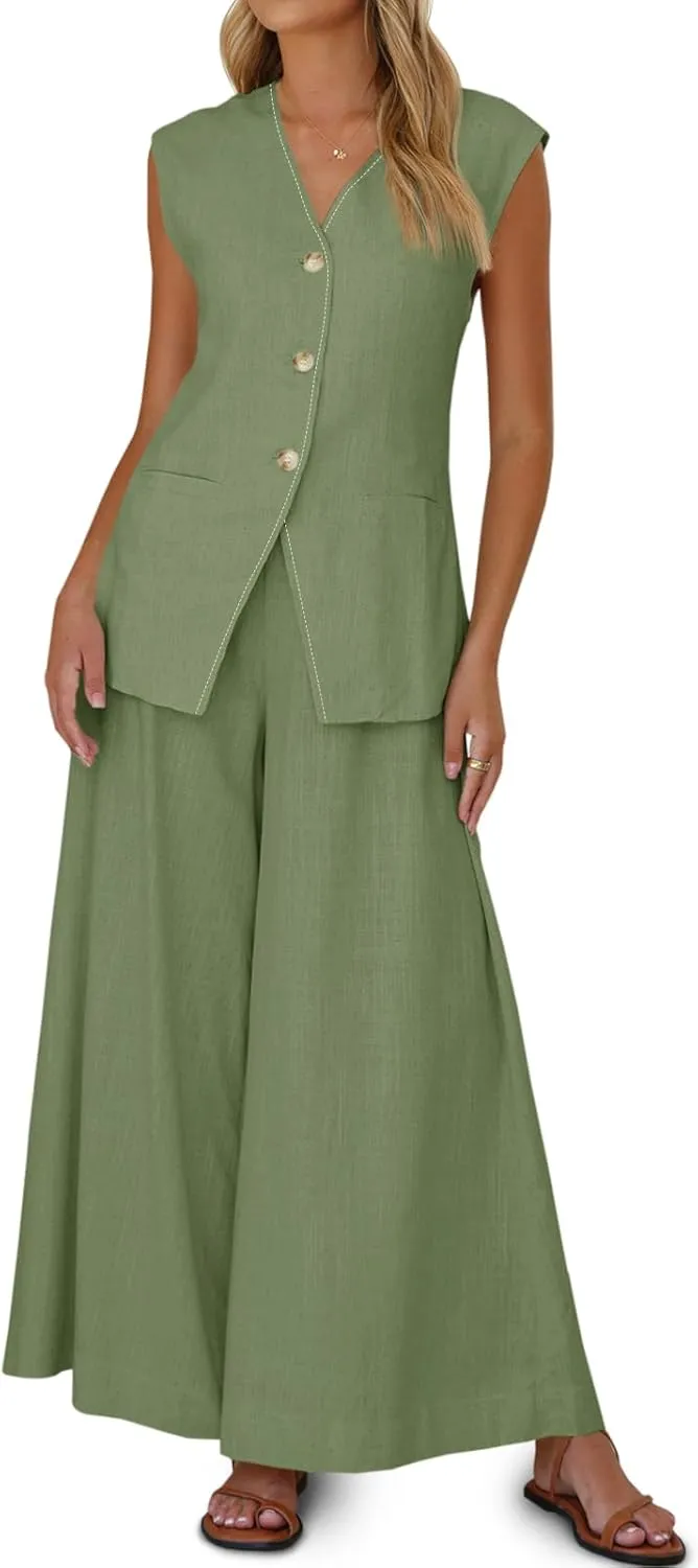 Cicy Bell Womens Summer 2 Piece Outfits Button Front V Neck Vest and High Waisted Wide Leg Pants Sets