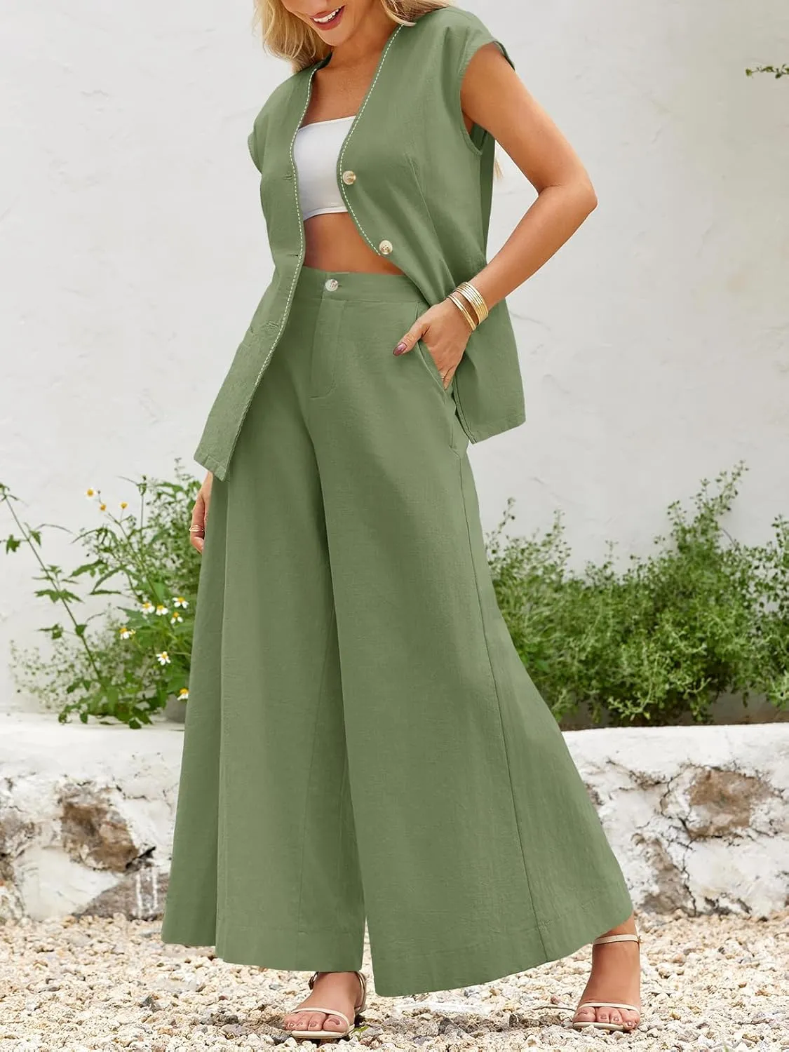 Cicy Bell Womens Summer 2 Piece Outfits Button Front V Neck Vest and High Waisted Wide Leg Pants Sets