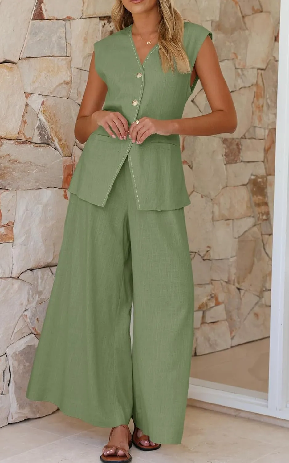 Cicy Bell Womens Summer 2 Piece Outfits Button Front V Neck Vest and High Waisted Wide Leg Pants Sets