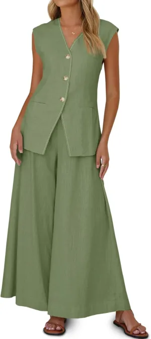 Cicy Bell Womens Summer 2 Piece Outfits Button Front V Neck Vest and High Waisted Wide Leg Pants Sets