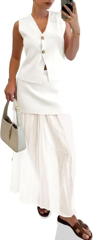 Cicy Bell Womens Summer 2 Piece Outfits V Neck Sleeveless Blazer Waistcoat and Mesh Maxi Skirt Suit Sets
