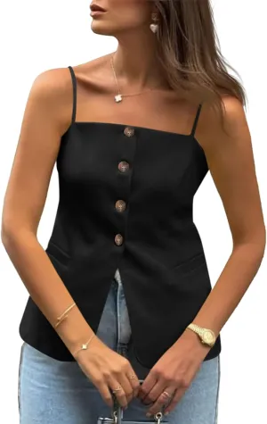 Cicy Bell Womens Summer Spaghetti Strap Vest Tops Dressy Casual Button Down Waistcoat Fitted Split Hem Sleeveless Suit Blazer