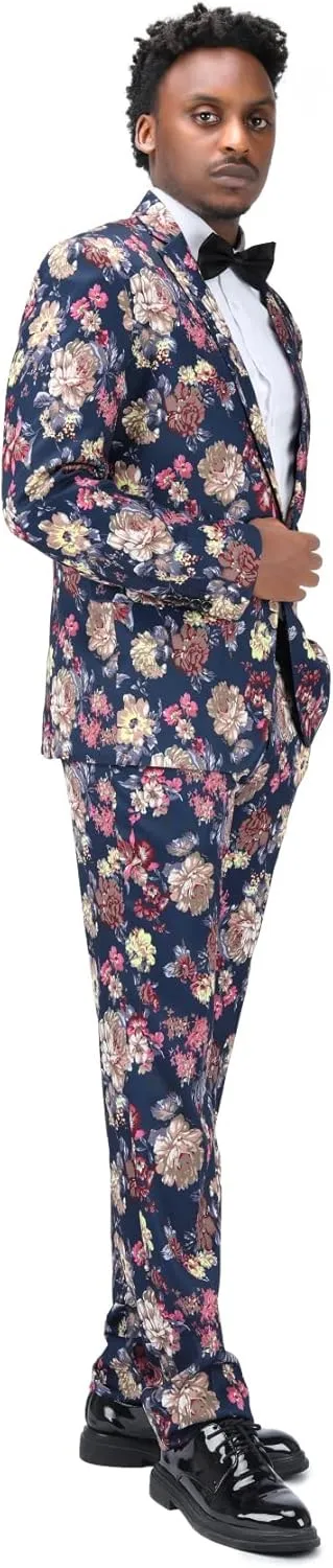 Cloudstyle Mens 2 Piece Suit Notched Lapel Sport Coat Floral One Button Slim Fit Tweed Suit