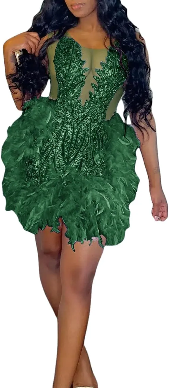 Crystals Lace Short Prom Dress 2024 Sheer Tulle Fitted Evening Gown with Feather