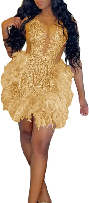Crystals Lace Short Prom Dress 2024 Sheer Tulle Fitted Evening Gown with Feather