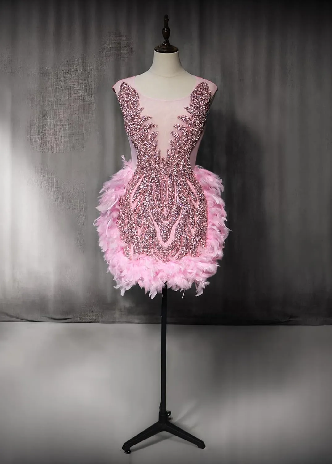 Crystals Lace Short Prom Dress 2024 Sheer Tulle Fitted Evening Gown with Feather