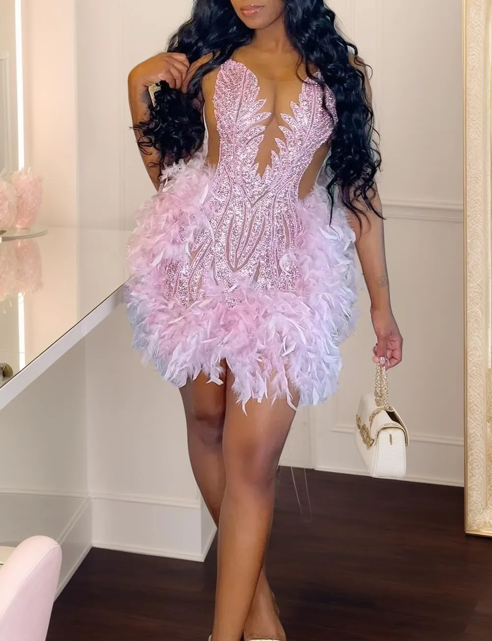 Crystals Lace Short Prom Dress 2024 Sheer Tulle Fitted Evening Gown with Feather