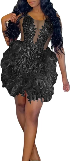 Crystals Lace Short Prom Dress 2024 Sheer Tulle Fitted Evening Gown with Feather