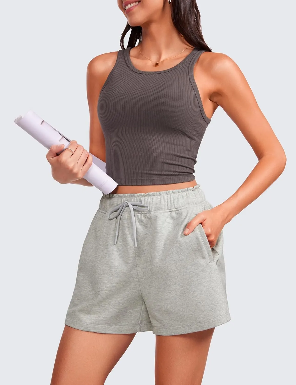 CRZ YOGA Comfy Cotton Sweat Shorts for Women Casual Summer Drawstring for Gym Lounge Workout Jersey with Pockets