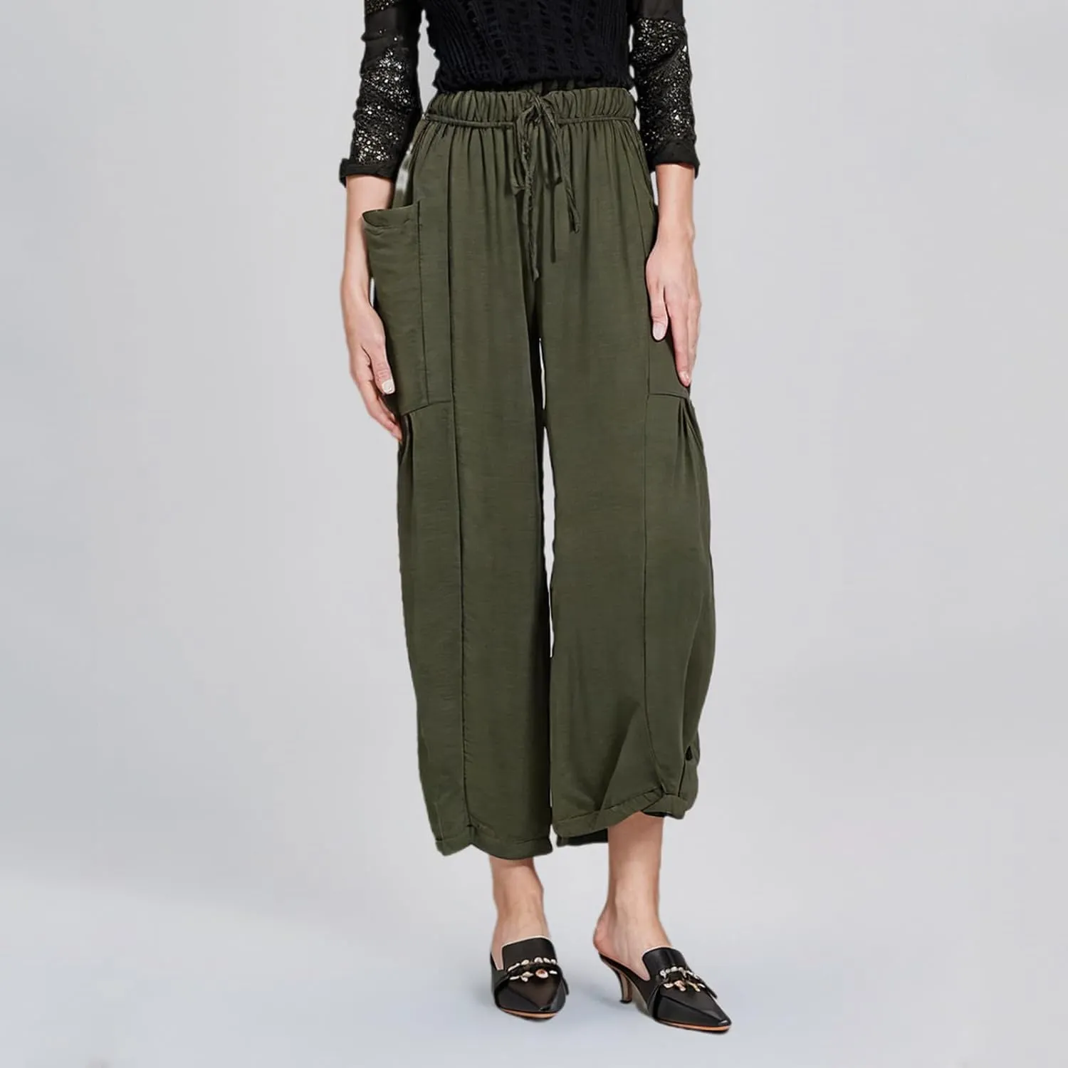 DASAYO Linen Pants Women Drawstring Elastic Waist Palazzo Harem Pants with Side Pockets Ladies Casual Loose Wide Leg Trousers