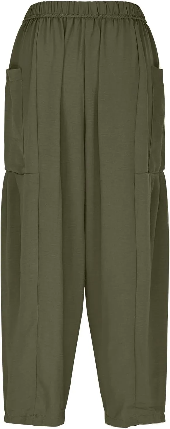 DASAYO Linen Pants Women Drawstring Elastic Waist Palazzo Harem Pants with Side Pockets Ladies Casual Loose Wide Leg Trousers