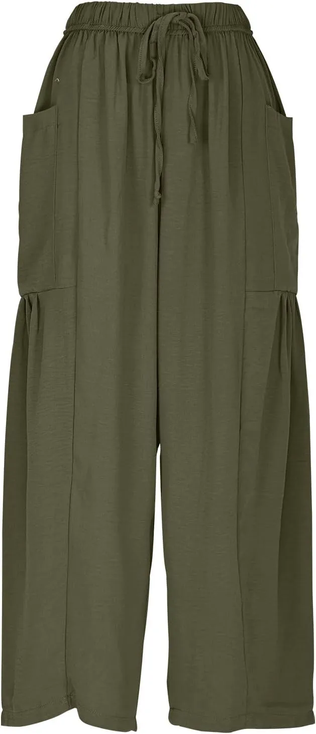 DASAYO Linen Pants Women Drawstring Elastic Waist Palazzo Harem Pants with Side Pockets Ladies Casual Loose Wide Leg Trousers