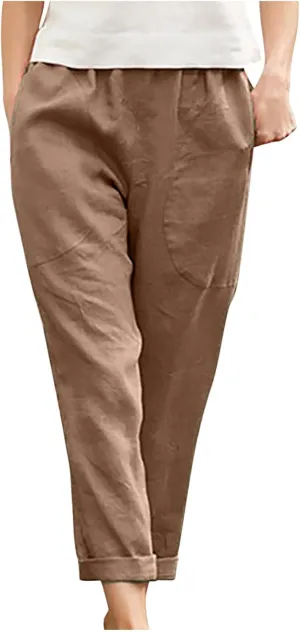 DASAYO Womens Linen Pants Elastic Wasit Straight Leg Casual Pants Ladies Loose Fit Comfy Trousers with Pockets Summer Fashion