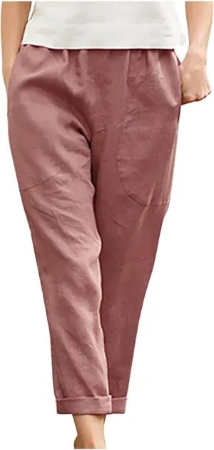 DASAYO Womens Linen Pants Elastic Wasit Straight Leg Casual Pants Ladies Loose Fit Comfy Trousers with Pockets Summer Fashion
