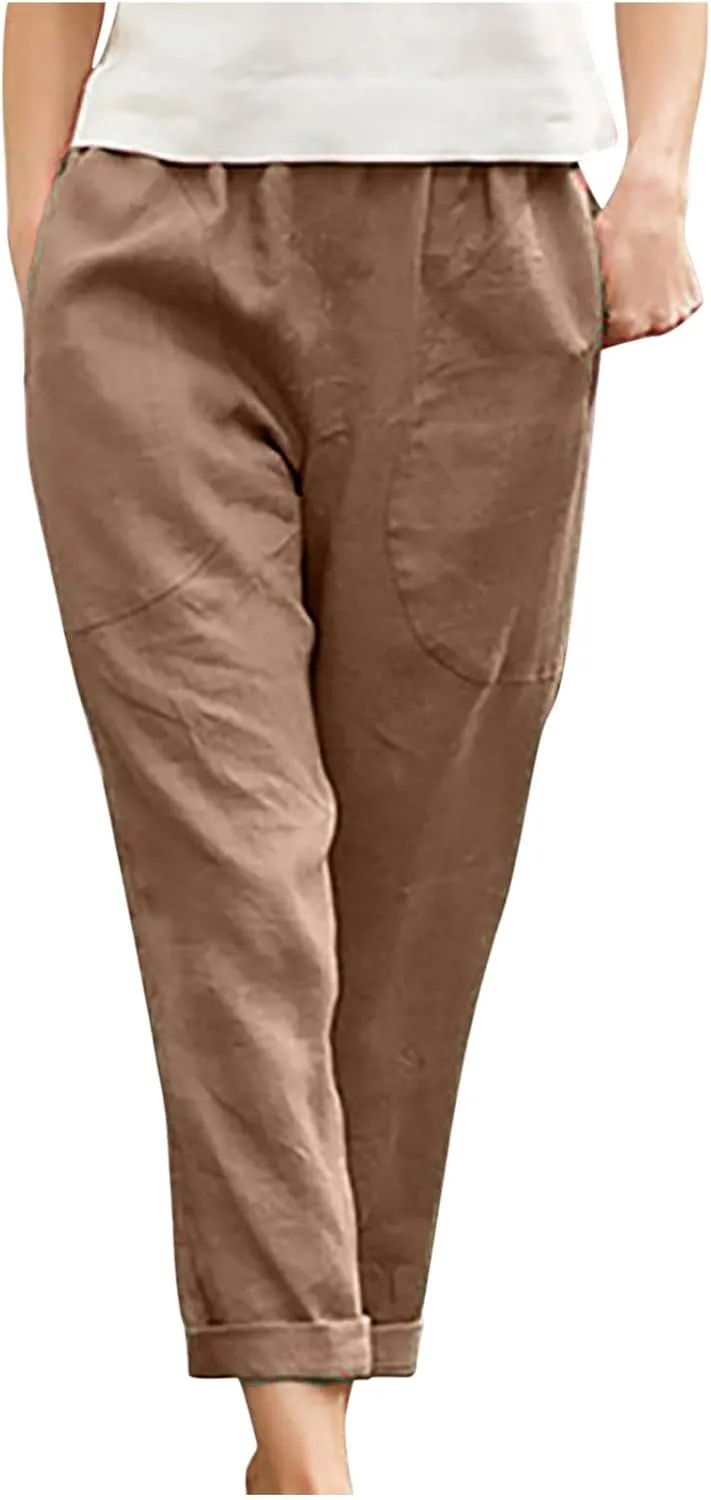 DASAYO Womens Linen Pants Elastic Wasit Straight Leg Casual Pants Ladies Loose Fit Comfy Trousers with Pockets Summer Fashion