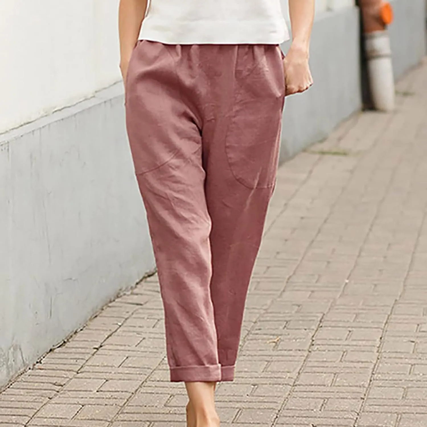 DASAYO Womens Linen Pants Elastic Wasit Straight Leg Casual Pants Ladies Loose Fit Comfy Trousers with Pockets Summer Fashion