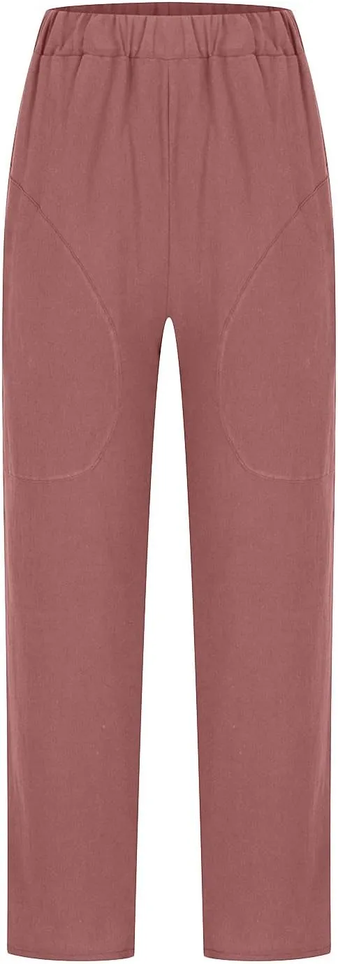 DASAYO Womens Linen Pants Elastic Wasit Straight Leg Casual Pants Ladies Loose Fit Comfy Trousers with Pockets Summer Fashion