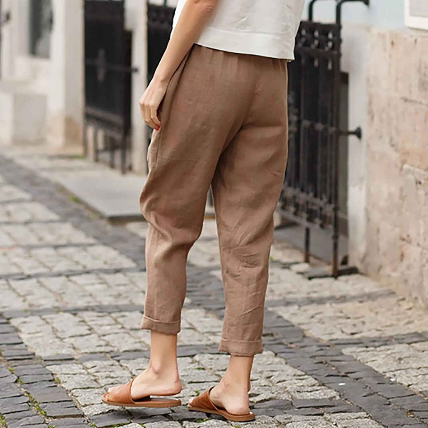 DASAYO Womens Linen Pants Elastic Wasit Straight Leg Casual Pants Ladies Loose Fit Comfy Trousers with Pockets Summer Fashion