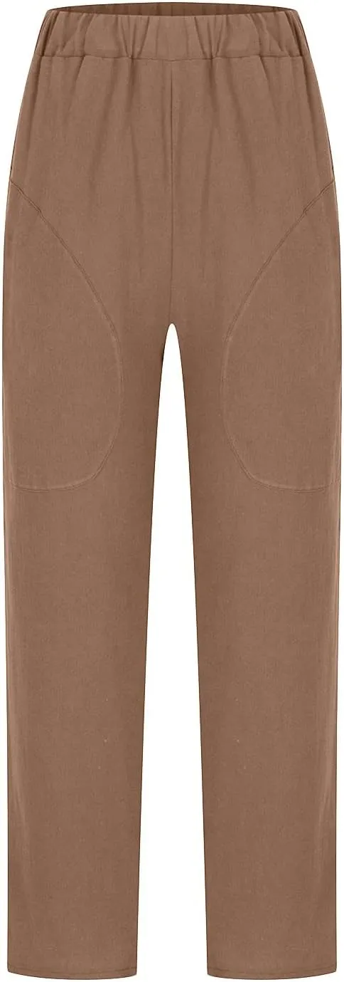 DASAYO Womens Linen Pants Elastic Wasit Straight Leg Casual Pants Ladies Loose Fit Comfy Trousers with Pockets Summer Fashion