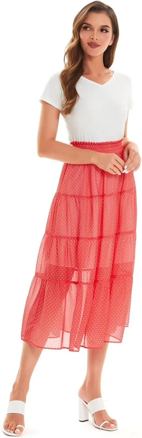 DIASHINY Women's High Waist Polka Dot Causal Solid A-Line Midi Long Skirts