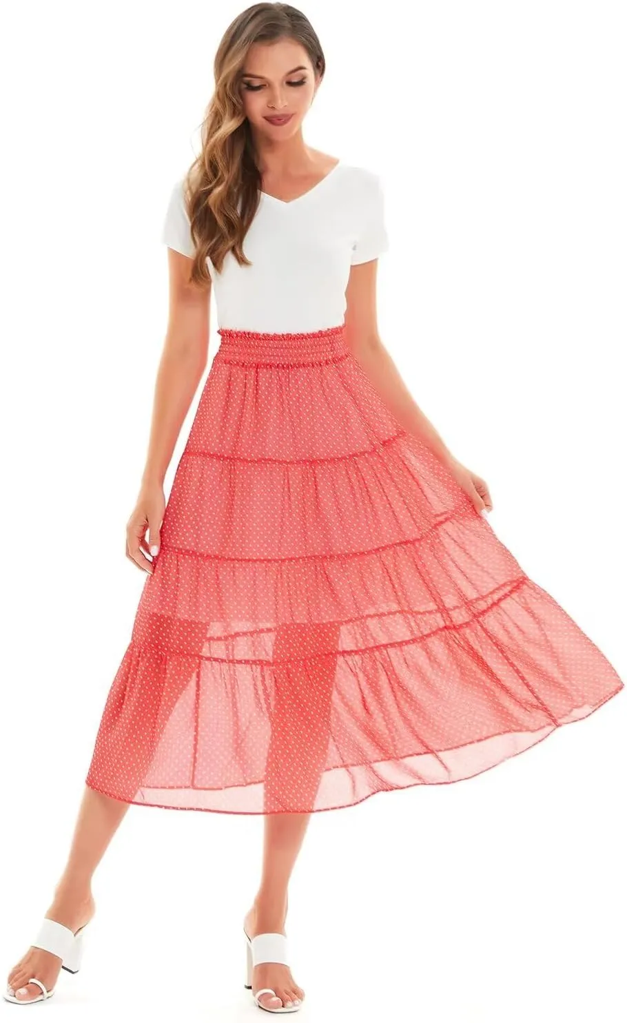 DIASHINY Women's High Waist Polka Dot Causal Solid A-Line Midi Long Skirts