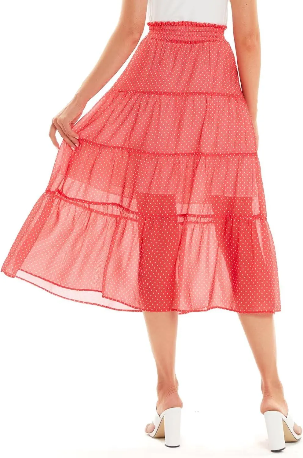 DIASHINY Women's High Waist Polka Dot Causal Solid A-Line Midi Long Skirts