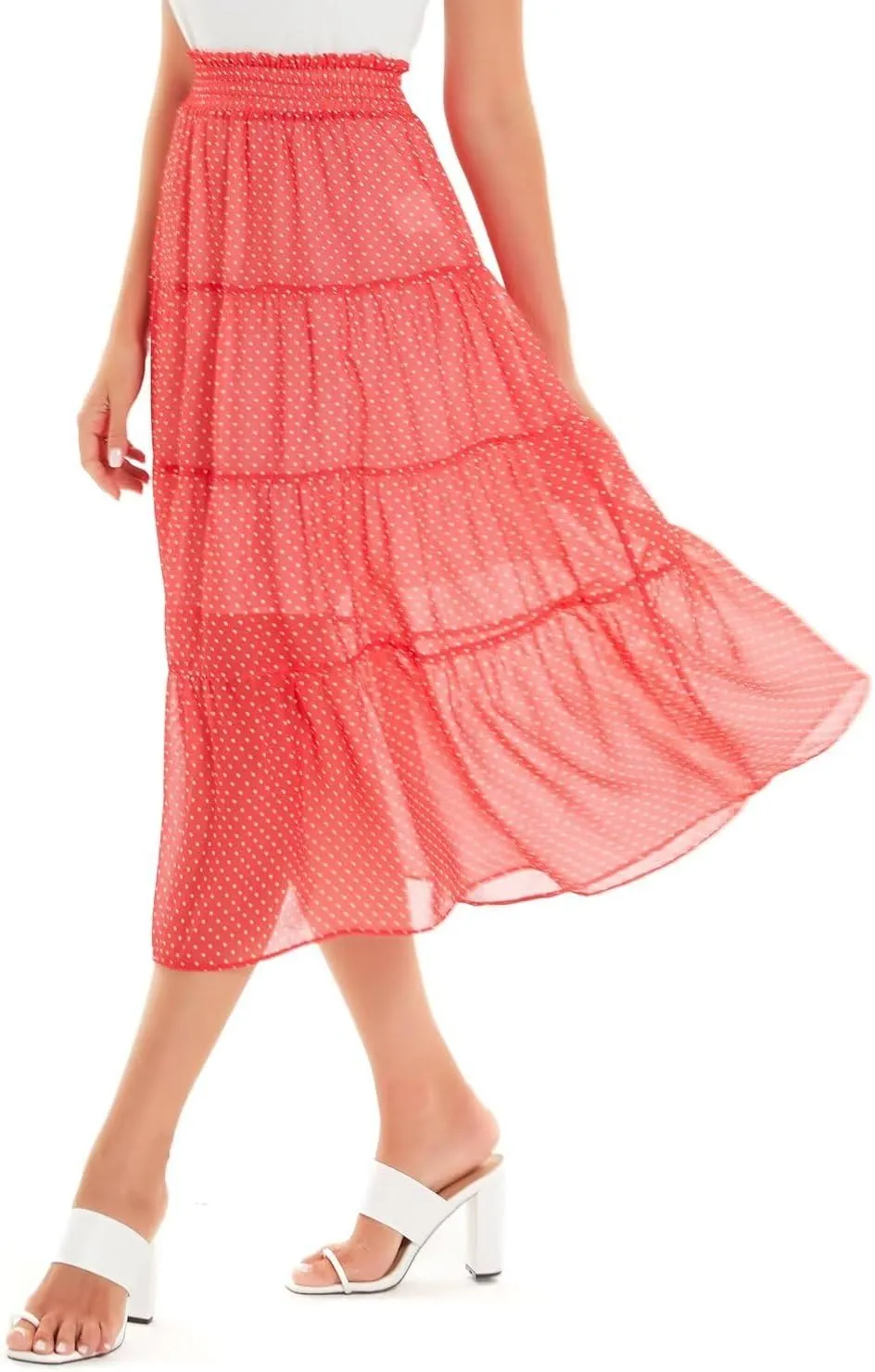 DIASHINY Women's High Waist Polka Dot Causal Solid A-Line Midi Long Skirts