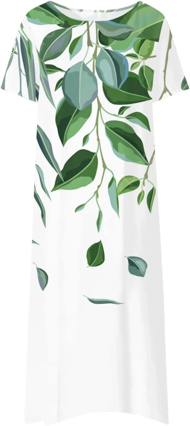 Dresses for Women 2024 Pleated Pocket Long Dresses Round Neck Printed Dresses Short Sleeve Comfy Maxi Dress