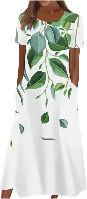 Dresses for Women 2024 Pleated Pocket Long Dresses Round Neck Printed Dresses Short Sleeve Comfy Maxi Dress