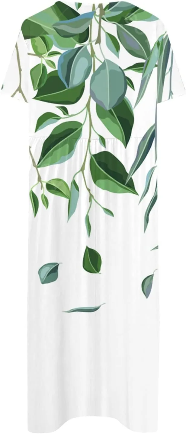 Dresses for Women 2024 Pleated Pocket Long Dresses Round Neck Printed Dresses Short Sleeve Comfy Maxi Dress