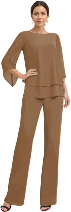 Dressy Mother of The Bride Pant Suits for Wedding Chiffon 2 Piece Evening Outfits Women Formal Pantsuits with Sleeve