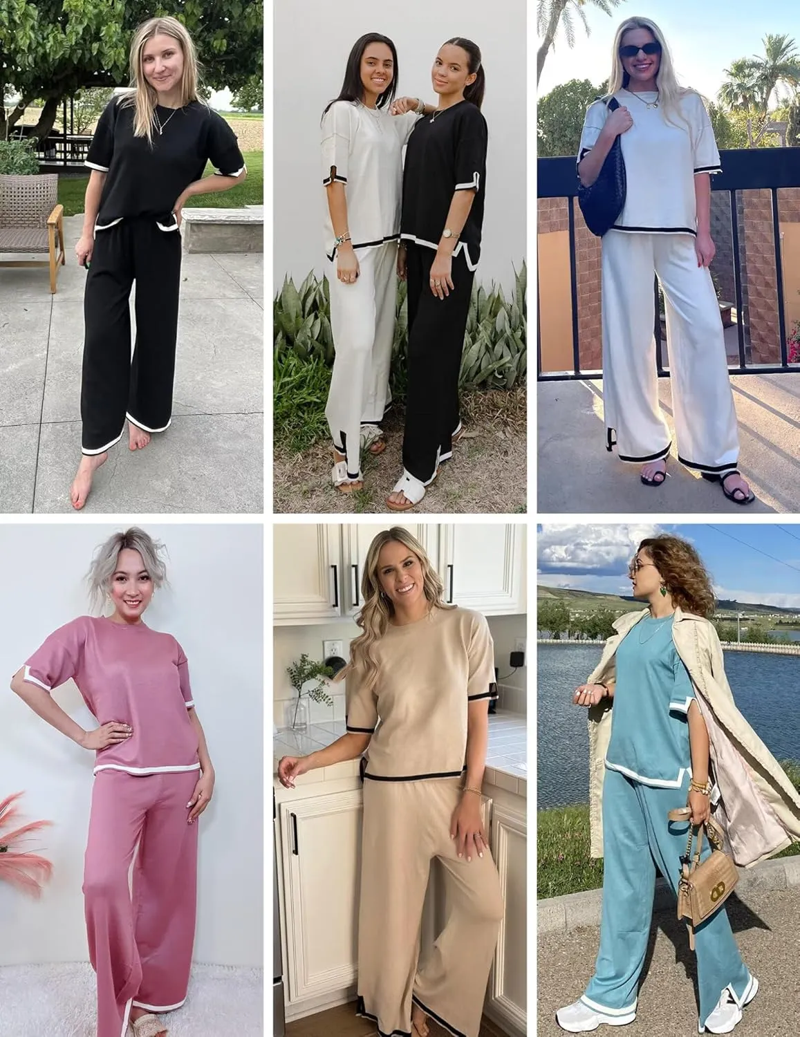 Ekouaer Lounge Set for Women Travel Outfits 2 Piece Sets Short Sleeve Sweater Top Wide Leg Long Pants Loungewear