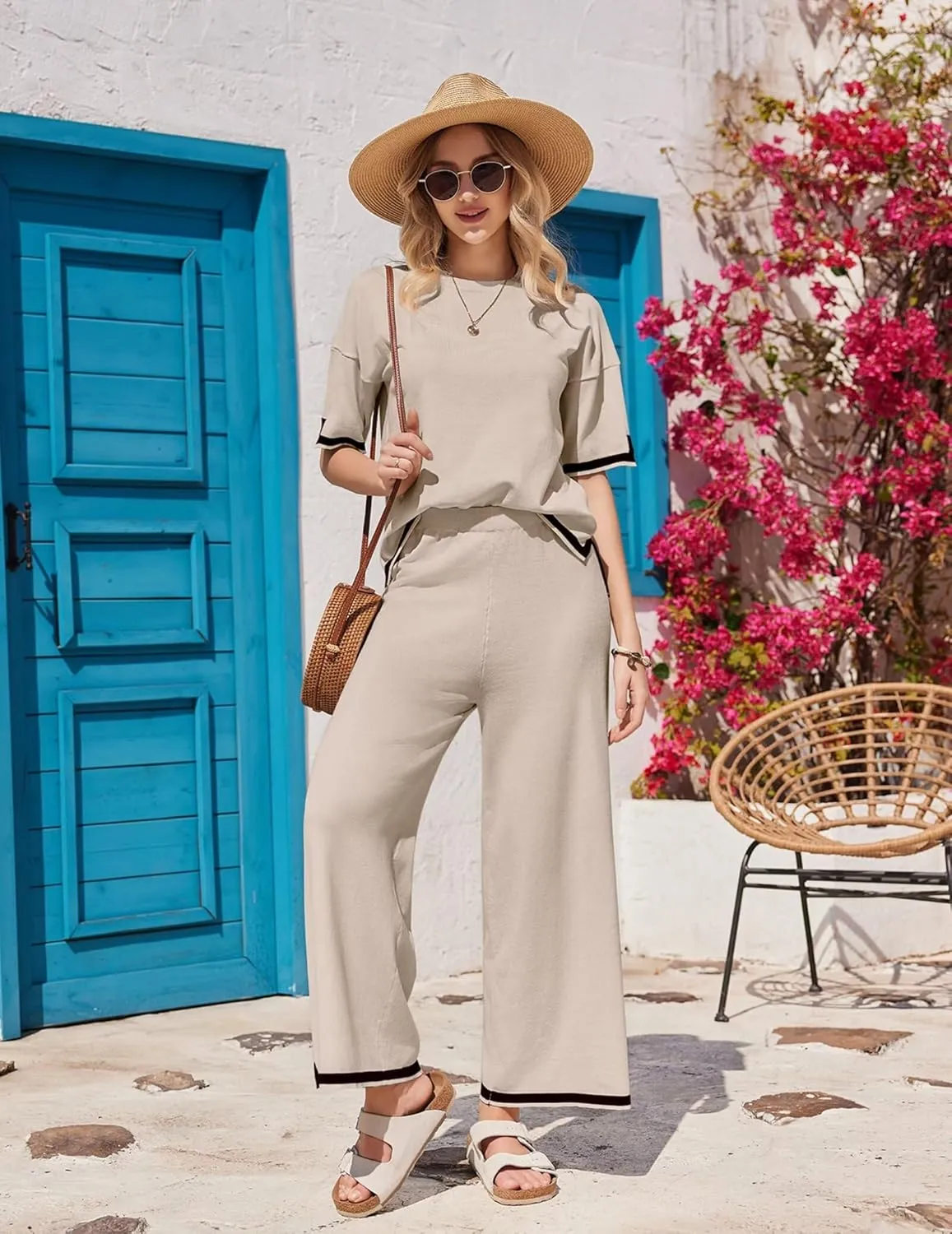 Ekouaer Lounge Set for Women Travel Outfits 2 Piece Sets Short Sleeve Sweater Top Wide Leg Long Pants Loungewear