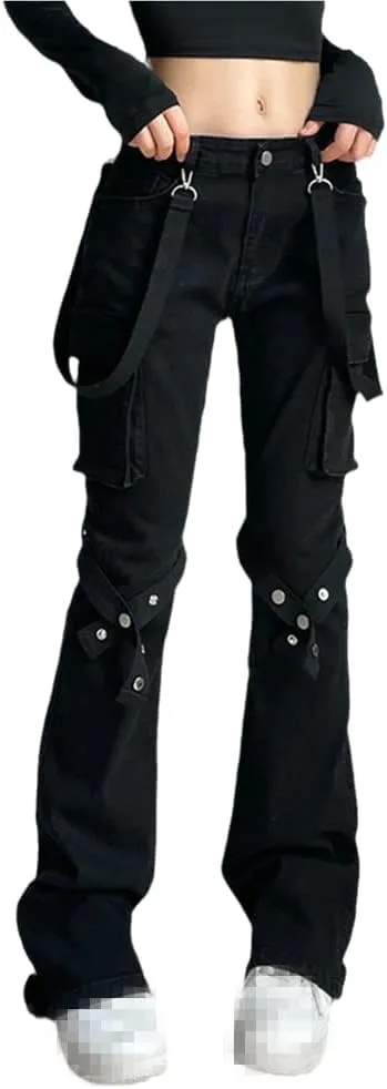 ENFUSO Punk Y2k Grunge Low Waist Emo Jeans Mall Gothic Women Black Patchwork Electro Pants Fashion Streetwear Alt Clothes